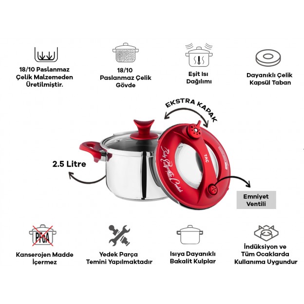 Taç Baby Induction Pressure Cooker Pot 2,5 Lt. Red