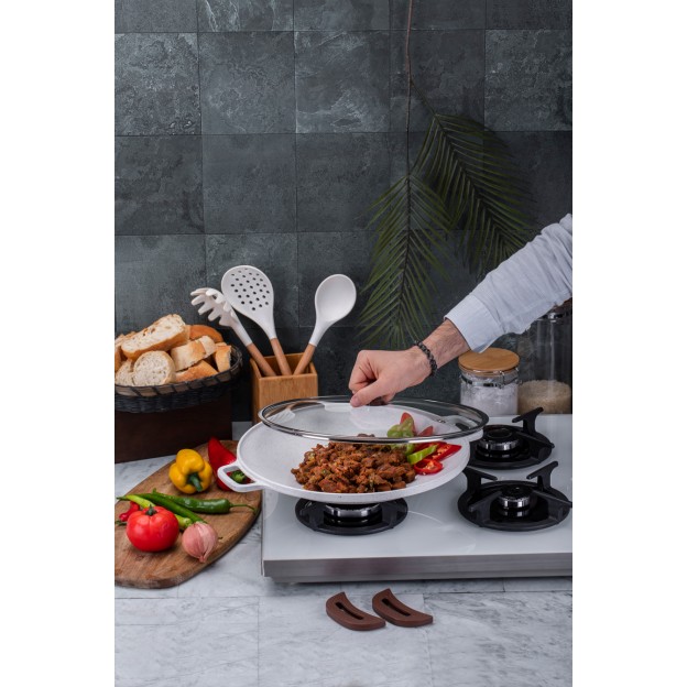 Taç Granite Cast Aluminium Roasting Pan With Glass Lid 34 cm Cream