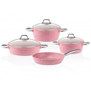 Taç 7 Parça Pyrex Kapak Döküm Tencere Seti Pembe