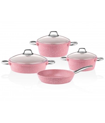 Taç 7 Parça Pyrex Kapak Döküm Tencere Seti Pembe