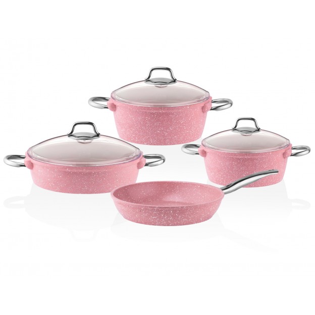 Taç 7 Parça Pyrex Kapak Döküm Tencere Seti Pembe