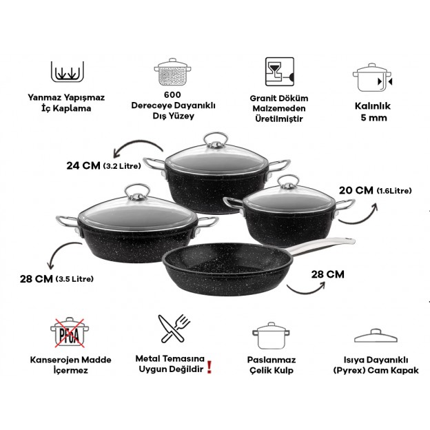 Taç Gravita Cast 7 Pcs Cookware Set Black