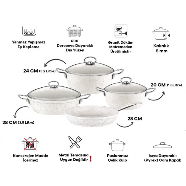 Taç Gravita Cast 7 Pcs Cookware Set White