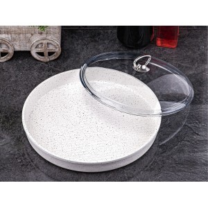 Taç Granite Cast Aluminium 32 cm Round Tray With Glass Lid Cream