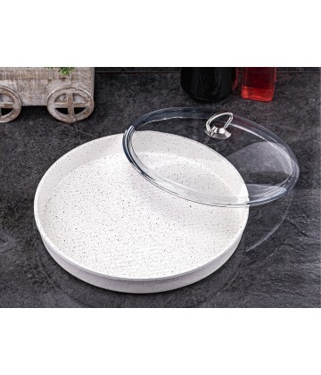 Taç Granite Cast Aluminium 32 cm Round Tray With Glass Lid Cream