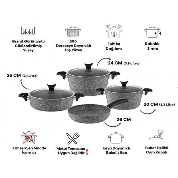 Taç Mastercook 4'lü 7 Parça Granit Tencere Seti Gri
