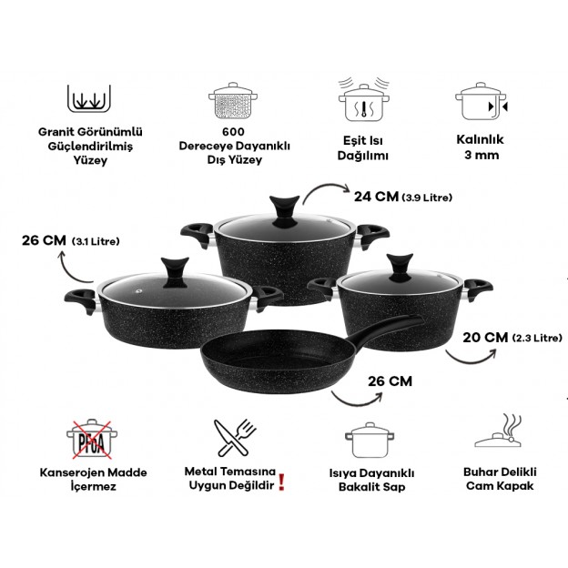 Taç Mastercook 4'lü 7 Parça Granit Tencere Seti Siyah