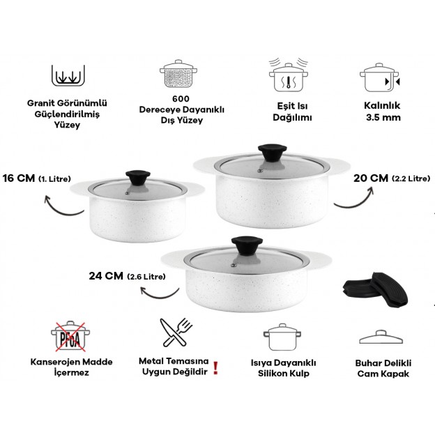 Taç Trio 6 Pcs Silicone Handle Granite Cookware Set White