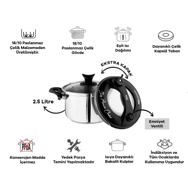 Taç Baby Induction Pressure Cooker Pot 2,5 Lt. Black