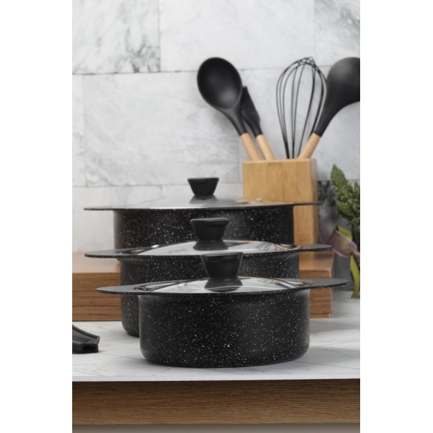 Taç Trio 6 Pcs Silicone Handle Granite Cookware Set Black