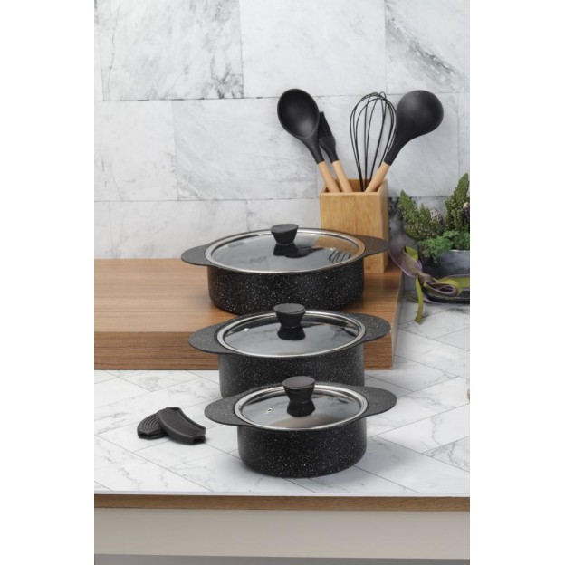 Taç Trio 6 Pcs Silicone Handle Granite Cookware Set Black