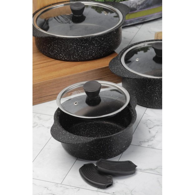 Taç Trio 6 Pcs Silicone Handle Granite Cookware Set Black