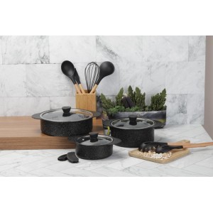 Taç Trio 6 Pcs Silicone Handle Granite Cookware Set Black