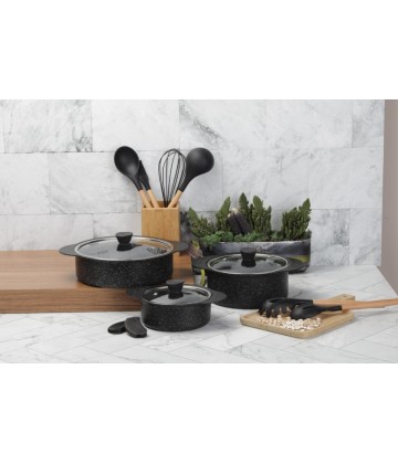 Taç Trio 6 Pcs Silicone Handle Granite Cookware Set Black