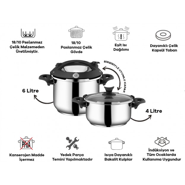 Taç Presto Induction 4-6 Lt. Pressure Cooker Pot Set Black