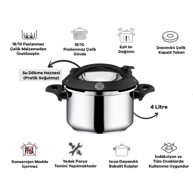 Taç Presto Induction 4 Lt. Pressure Cooker Pot Black