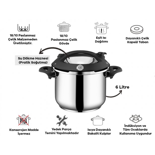 Taç Presto İndüksiyon Tabanlı 6 Litre Düdüklü Tencere Siyah