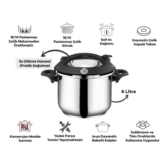 Taç Presto Induction 6 Lt. Pressure Cooker Pot Black