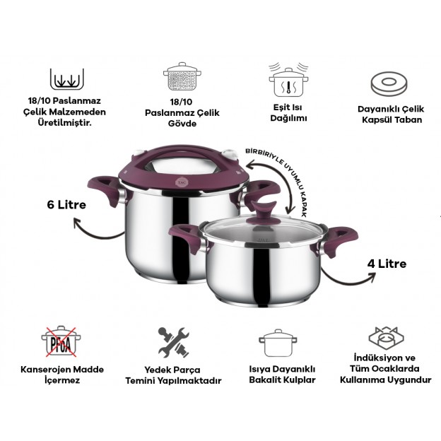 Taç Presto Induction 4-6 Lt. Pressure Cooker Pot Set Purple