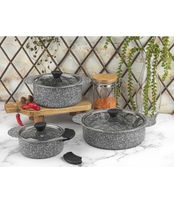 Taç Trio 6 Pcs Silicone Handle Granite Cookware Set Grey