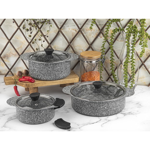 Taç Trio 6 Pcs Silicone Handle Granite Cookware Set Grey