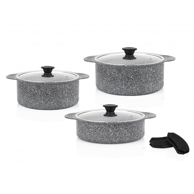 Taç Trio 6 Pcs Silicone Handle Granite Cookware Set Grey